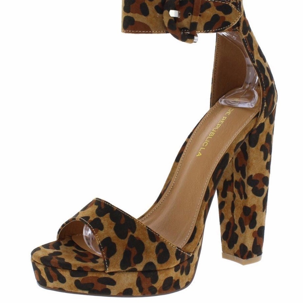 Leopard print platform ankle strap heels